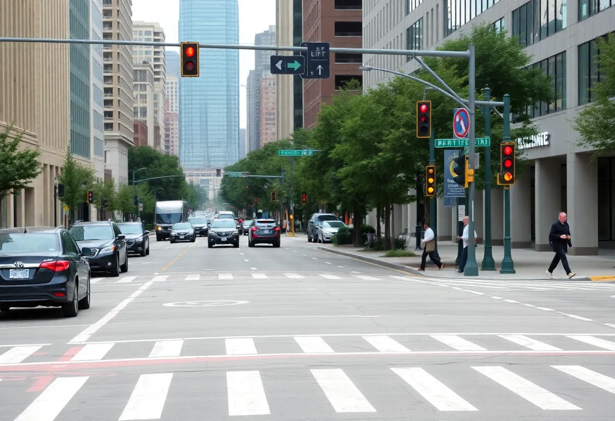 Urban street in Charlotte with pedestrian crosswalks