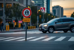 Urban street with pedestrian safety signs and vehicles