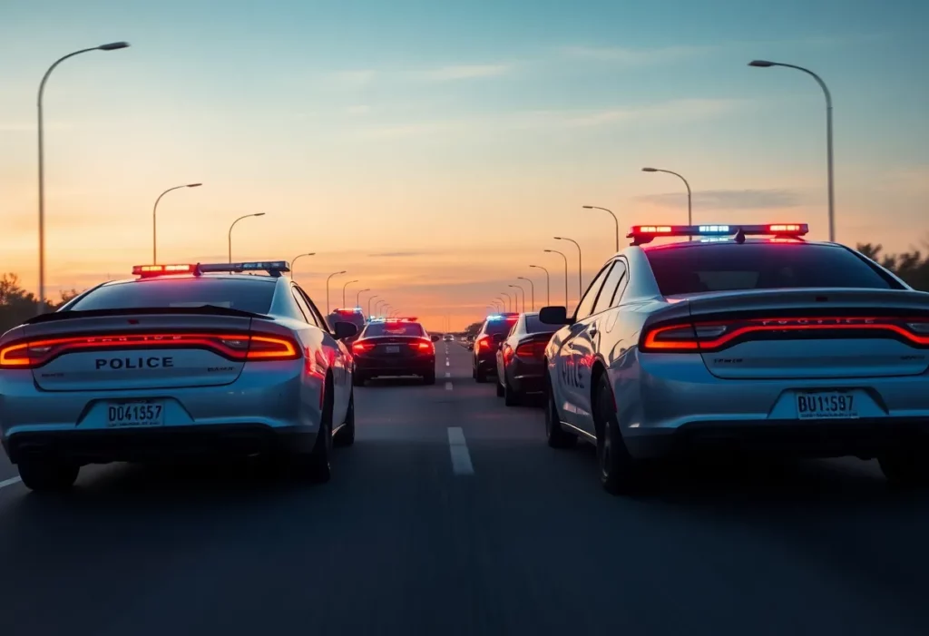 A dramatic high-speed police chase with multiple police cars on a highway.