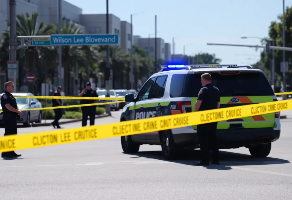 Police officers securing the scene on Wilson Lee Boulevard after a shooting incident.