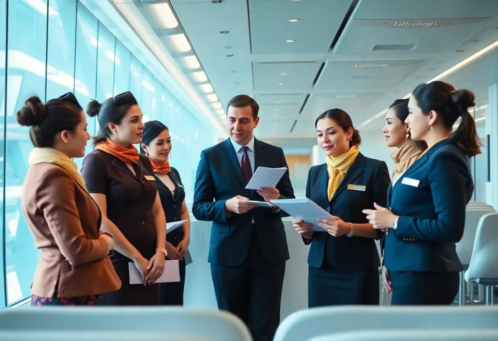 Flight attendants discussing pay increase agreement