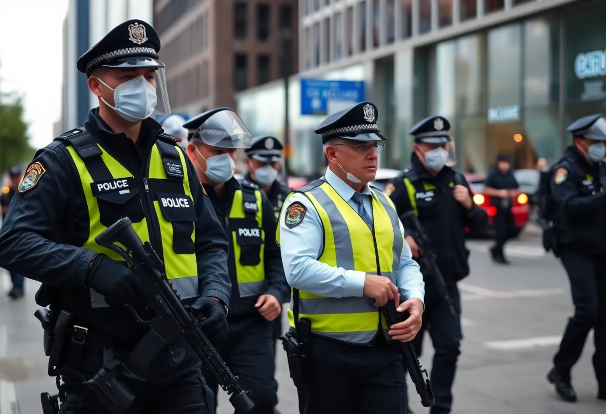 Police officers searching an area for a suspect considered armed and dangerous.