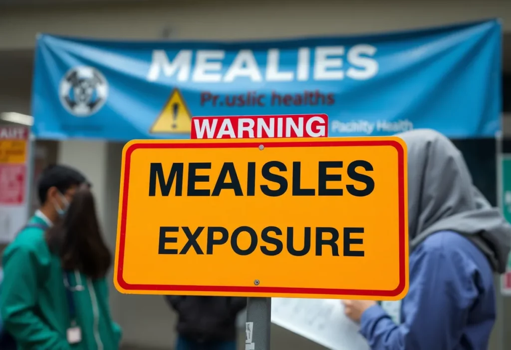 Public health officials discussing measles exposure alert.