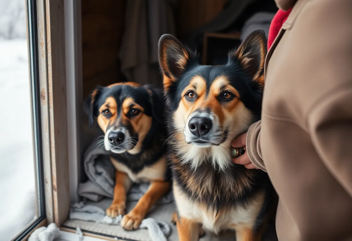 Two rescued dogs receiving medical care indoors