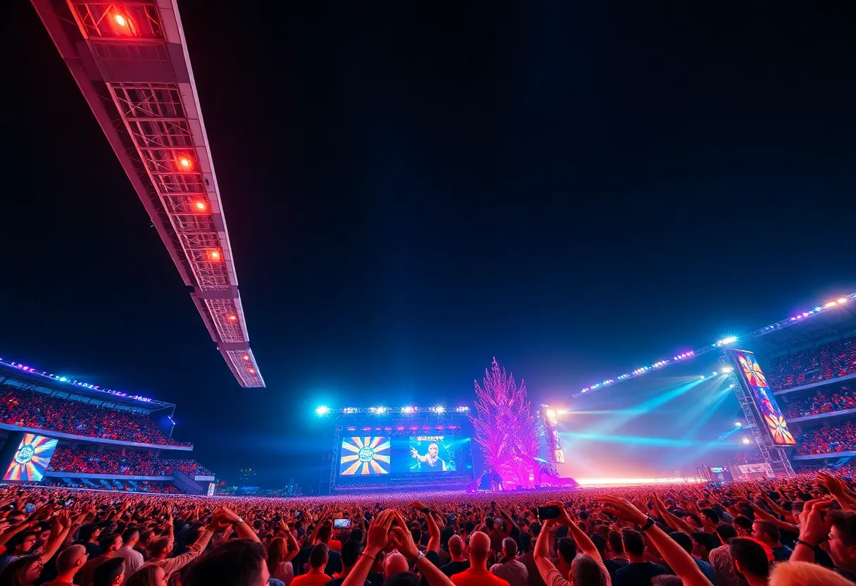 Concert scene of Rüfüs Du Sol performing at a large outdoor stadium