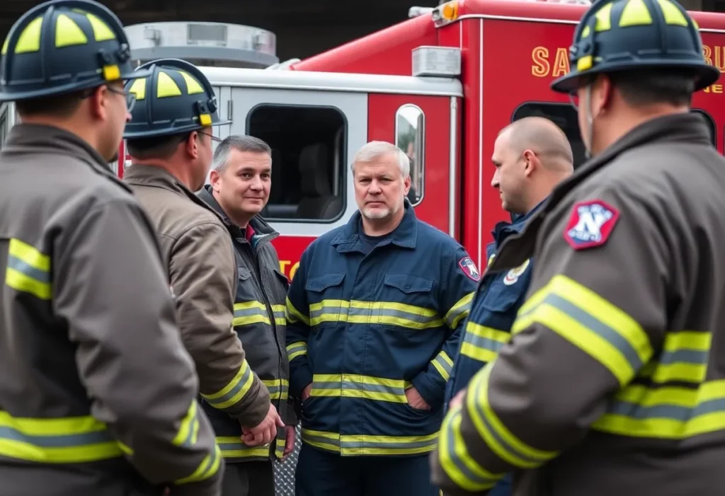 Firefighters in Salisbury discussing staffing shortages in front of a fire truck