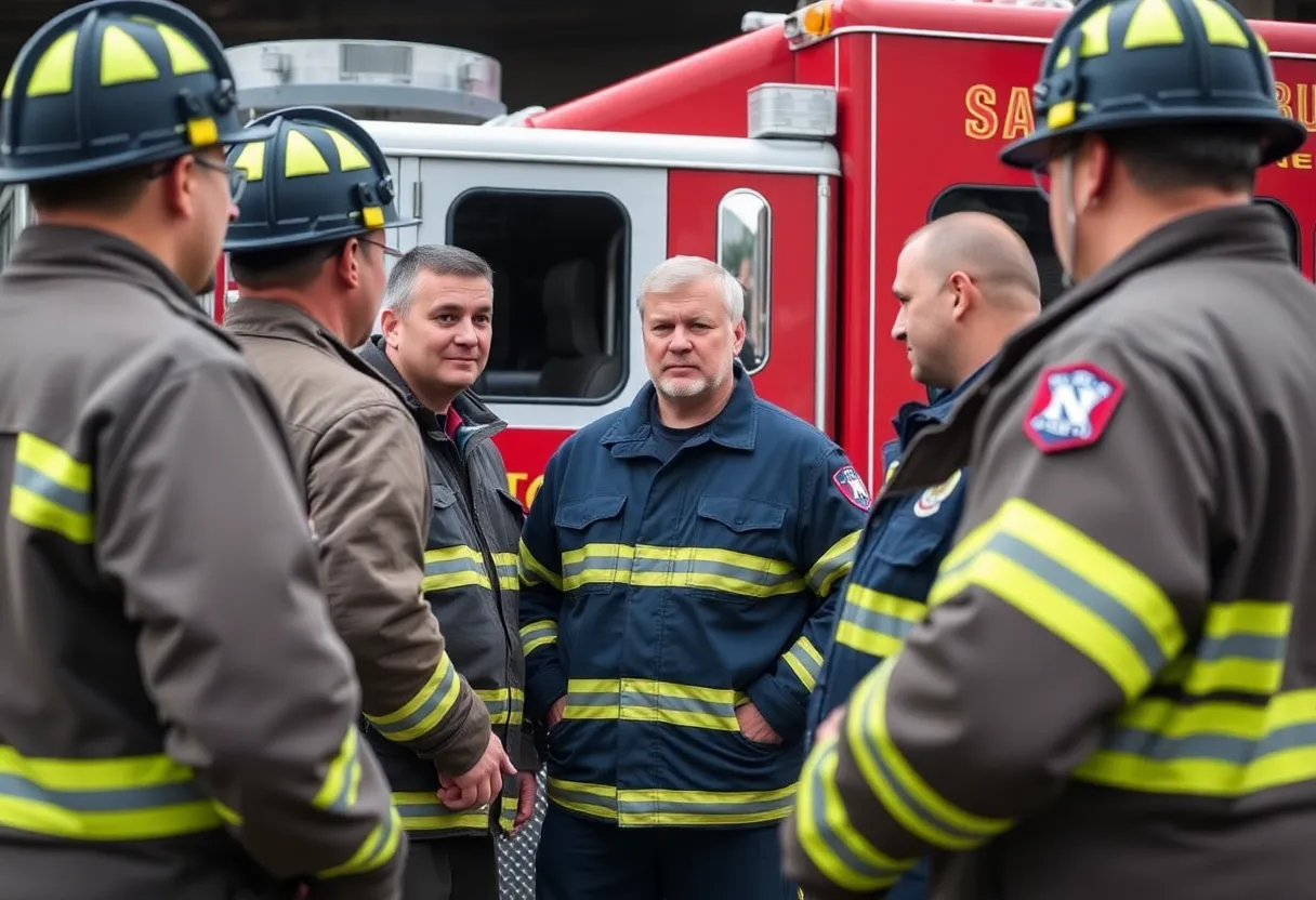 Firefighters in Salisbury discussing staffing shortages in front of a fire truck