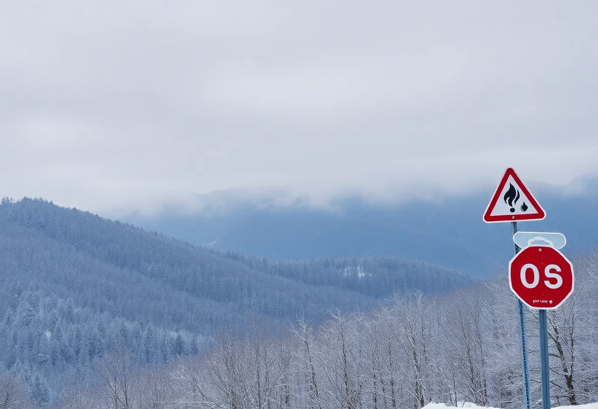 A snowy landscape of the North Carolina mountains with weather impact alert sign.