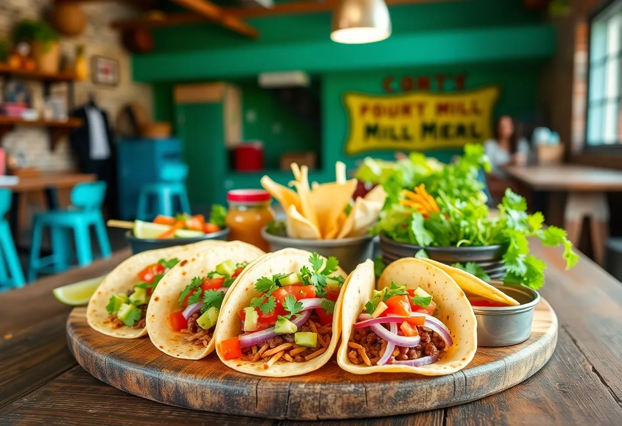 Assorted tacos served in a colorful array on a rustic table