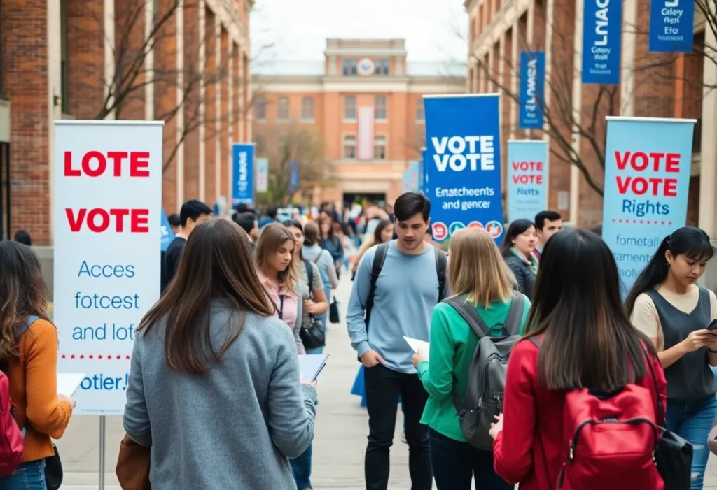 Students on a college campus discussing voting and elections