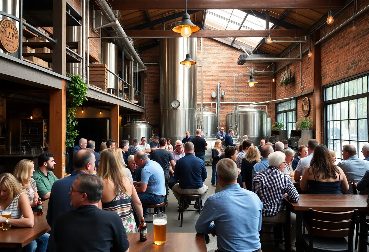Exterior view of Sycamore Brewing in Charlotte with people enjoying the beer garden.