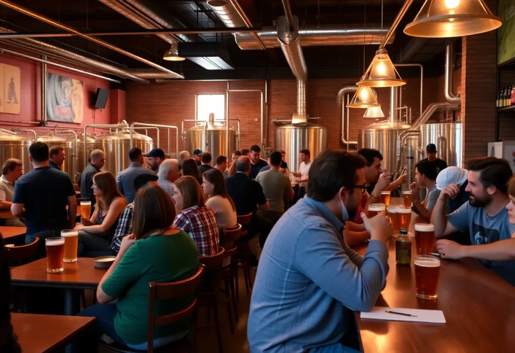 Brewery scene in Charlotte with patrons amidst legal controversies