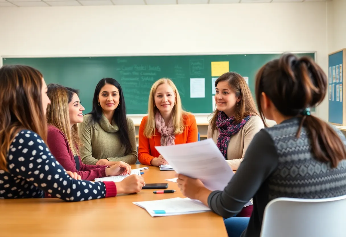 Diverse teachers in a classroom discussing salary adjustments.