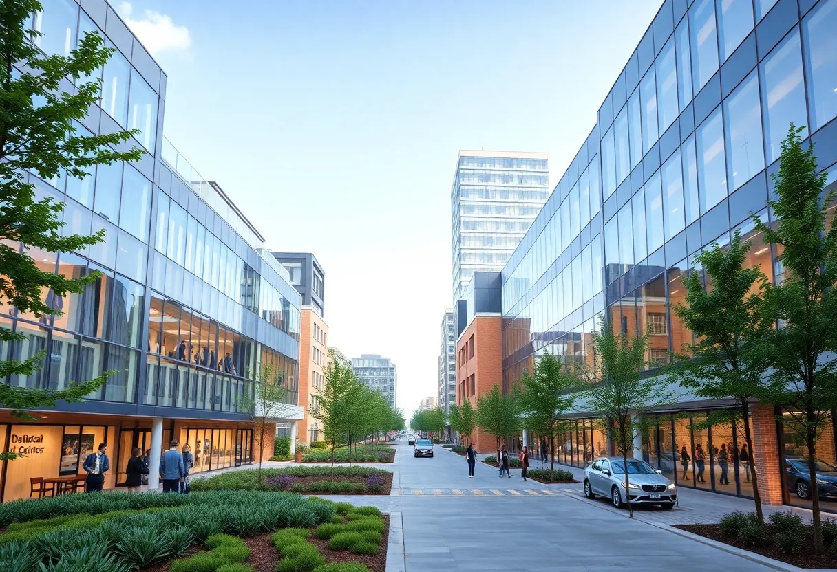 Aerial view of The Pearl innovation district in Charlotte, showcasing medical facilities and collaborative workspaces.
