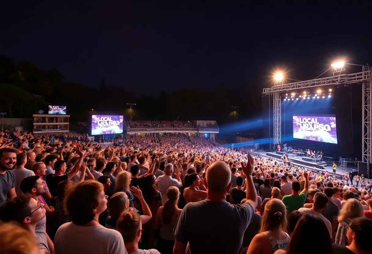 A vibrant concert scene at Truliant Amphitheater in Charlotte with a lively audience and stage.
