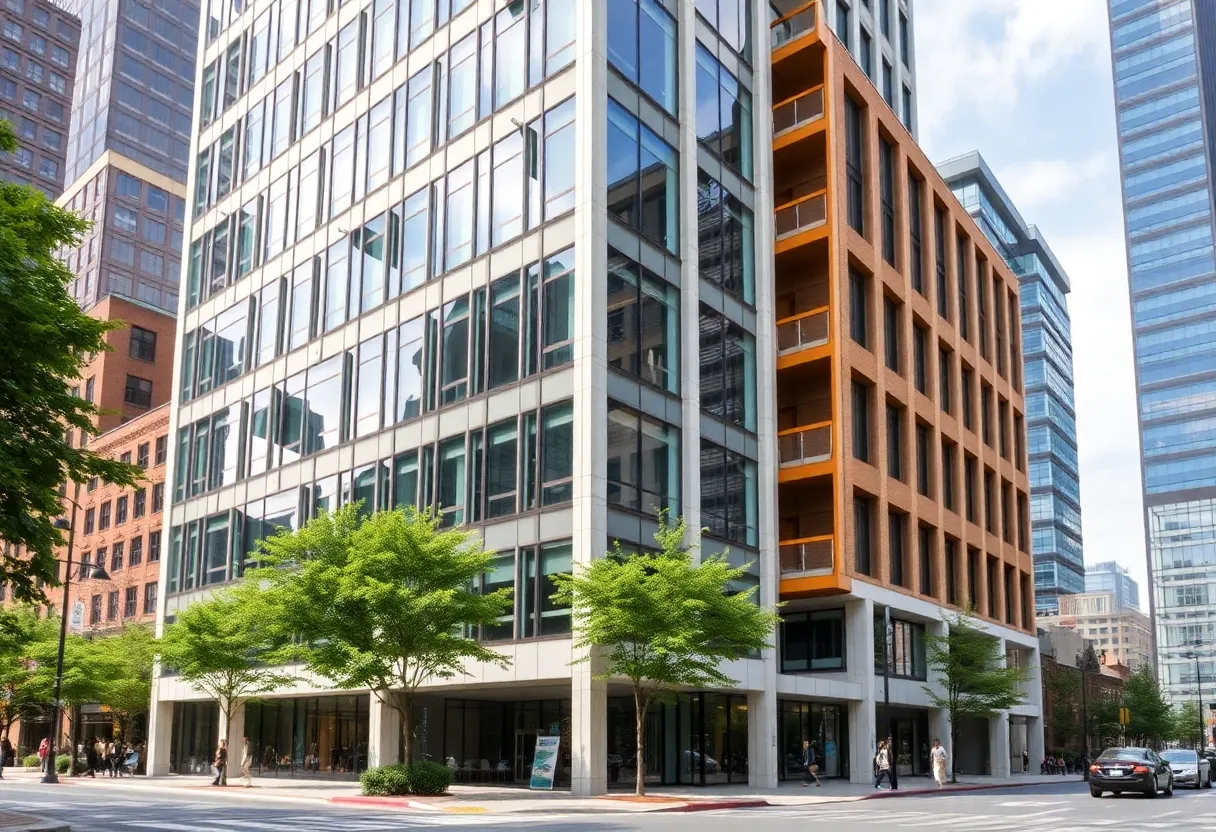 Modern office building in Uptown Charlotte with surrounding greenery