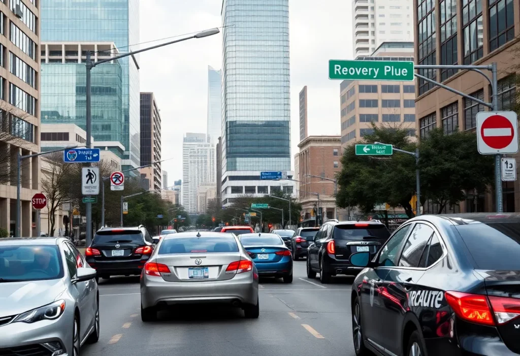 A view of Uptown Charlotte's busy street traffic.