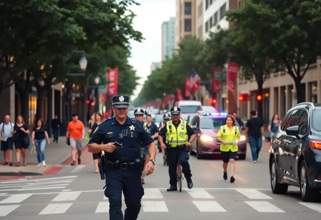 Police interacting with community members on a busy street in Charlotte