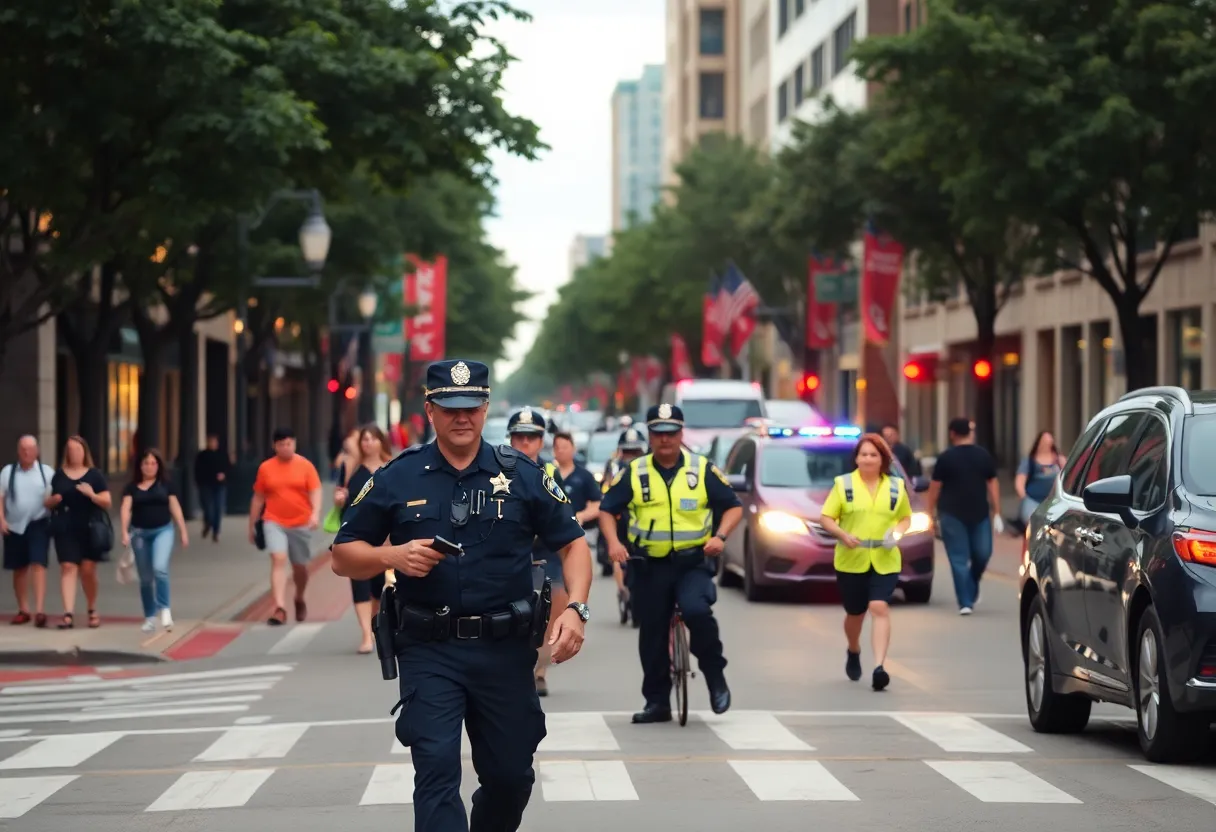 Police interacting with community members on a busy street in Charlotte