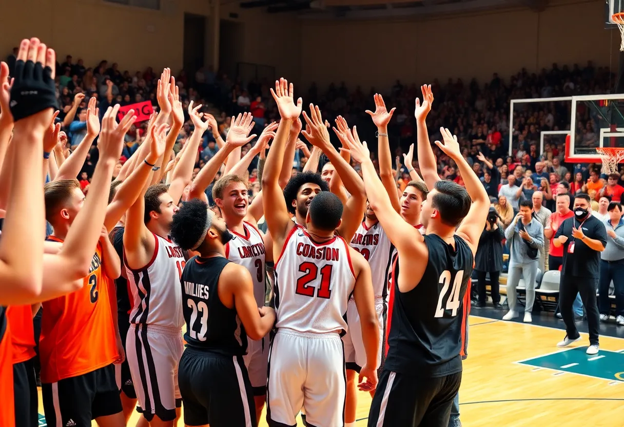 UTSA Roadrunners basketball team celebrating after a win