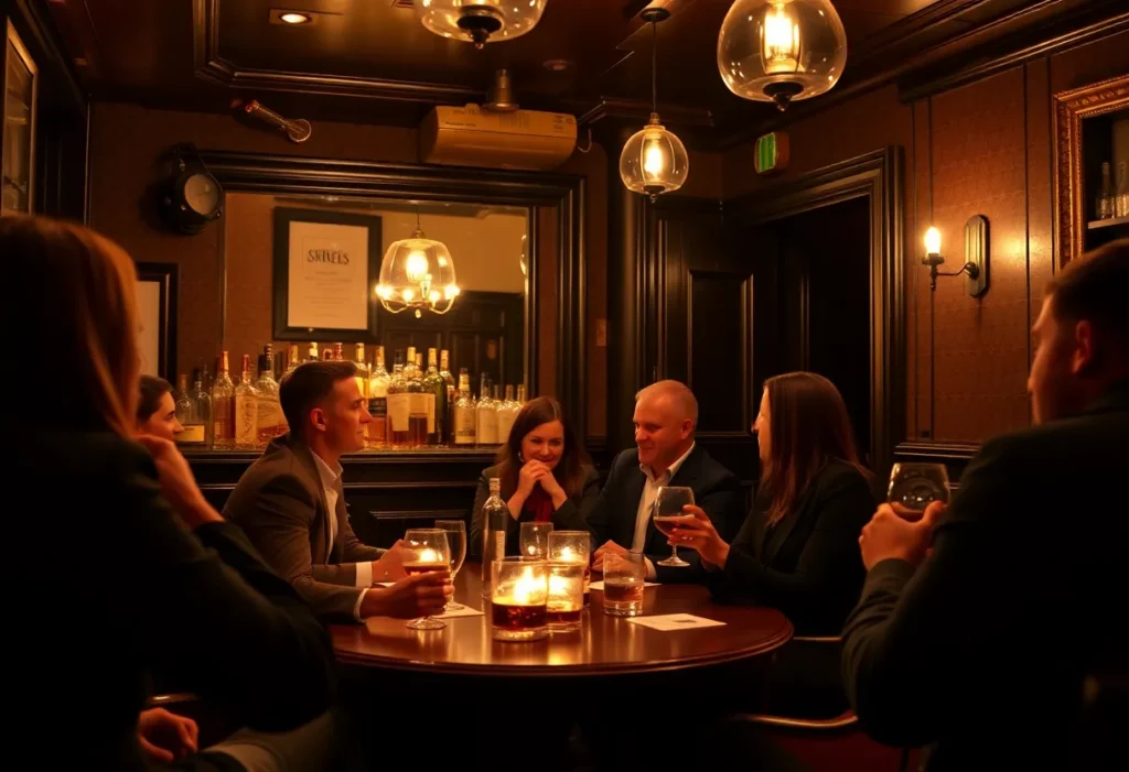 A group of patrons enjoying a bourbon tasting event in a stylish speakeasy