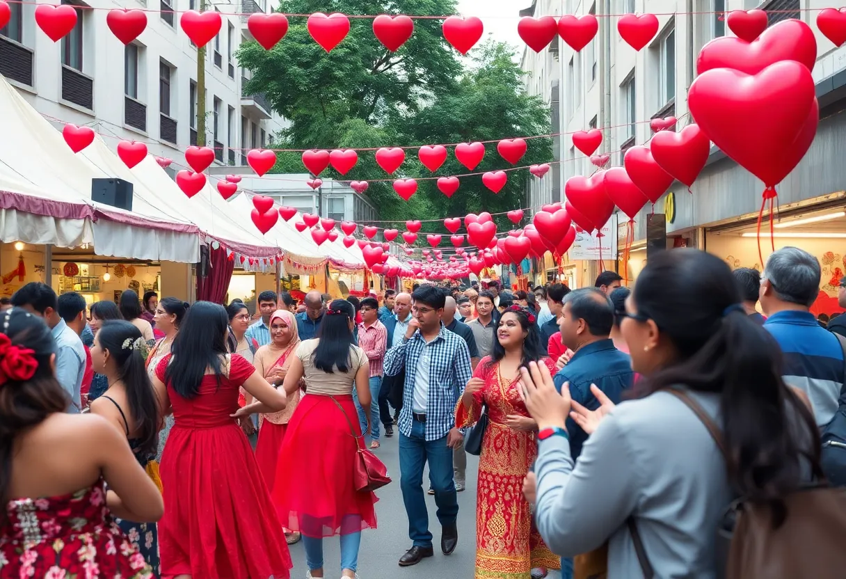 A festive scene depicting Valentine's Day events in Charlotte, featuring people dancing, enjoying local food, and live performances.