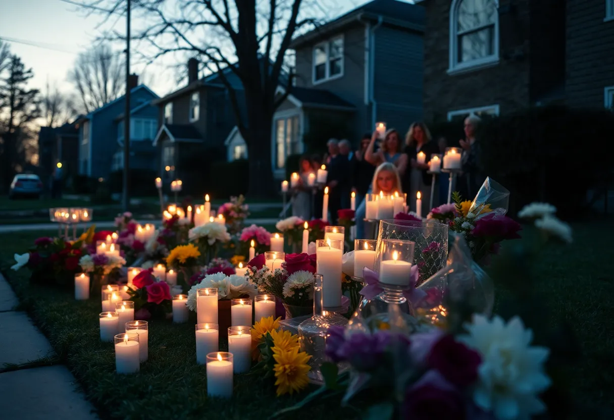 A neighborhood vigil with candles and flowers for a young child.