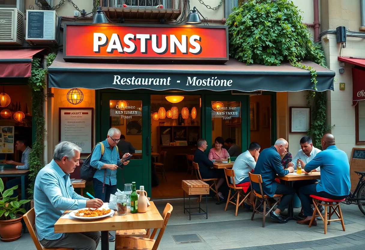 Exterior view of Village Corner Comfort Kitchen with patrons enjoying meals.