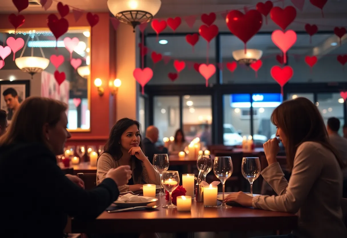 Couples dining at Waffle House with Valentine's Day decorations