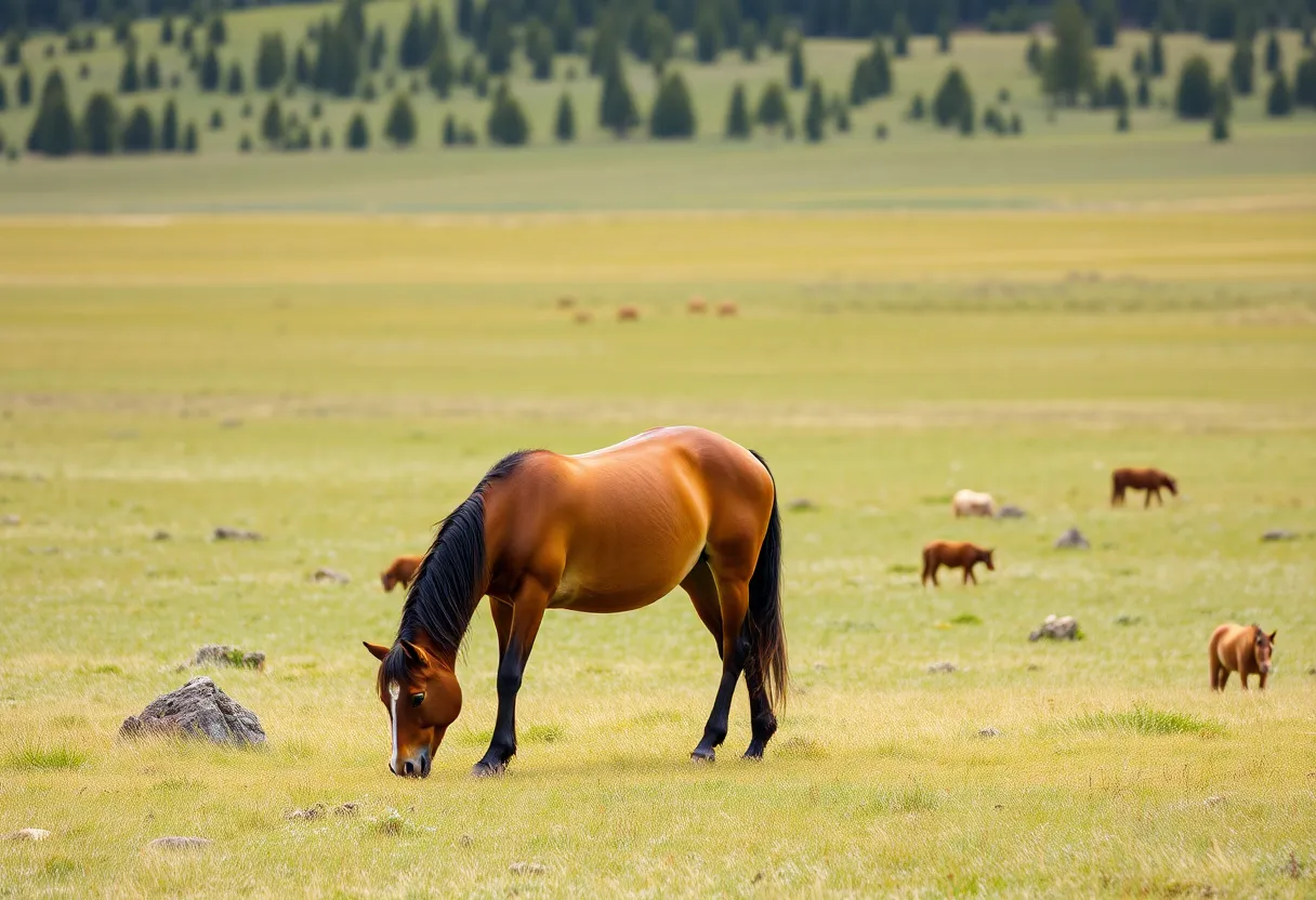 A wild horse in a lush green landscape.