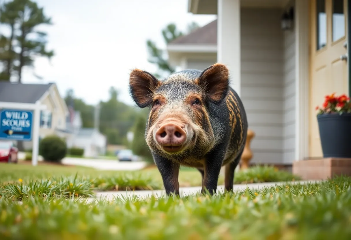 A wild pig entering a house in a suburban neighborhood.