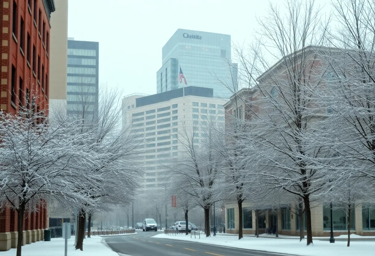 Snow-covered landscape in Charlotte, North Carolina during winter weather