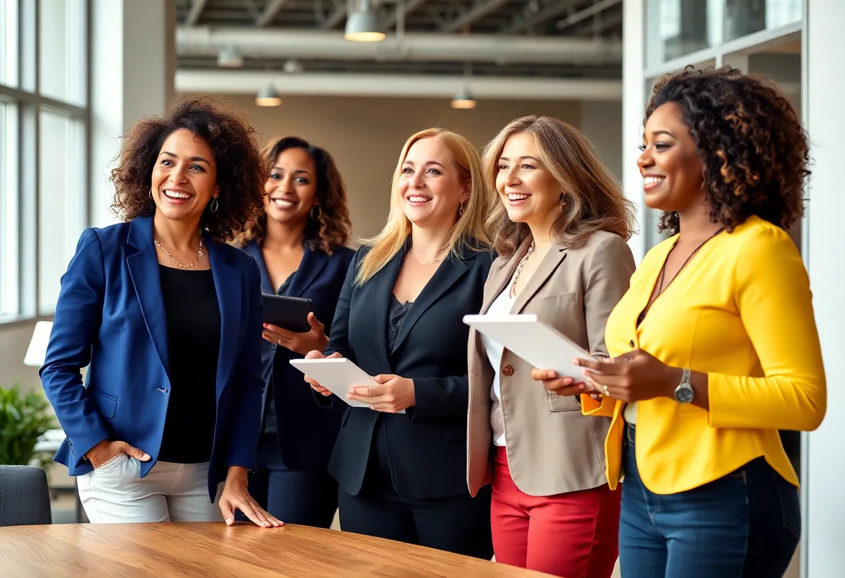 Women leaders collaborating in a modern business setting.